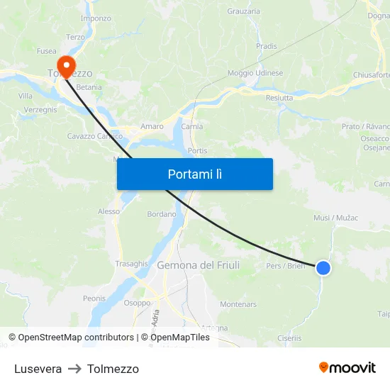 Lusevera to Tolmezzo map