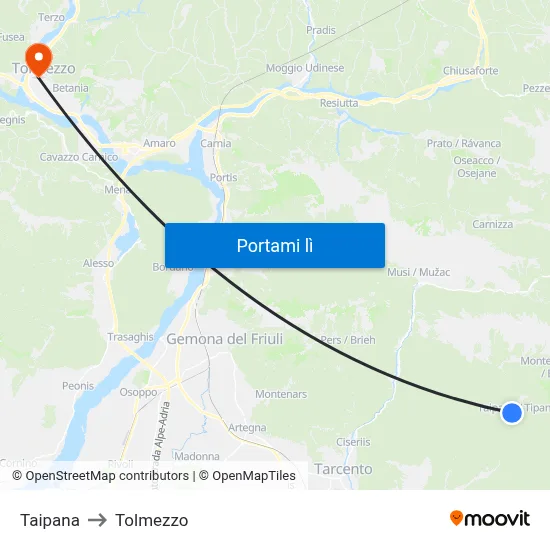 Taipana to Tolmezzo map