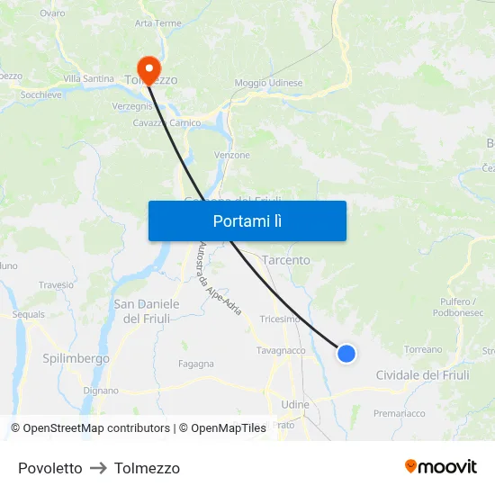 Povoletto to Tolmezzo map