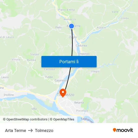 Arta Terme to Tolmezzo map