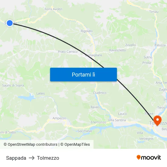 Sappada to Tolmezzo map