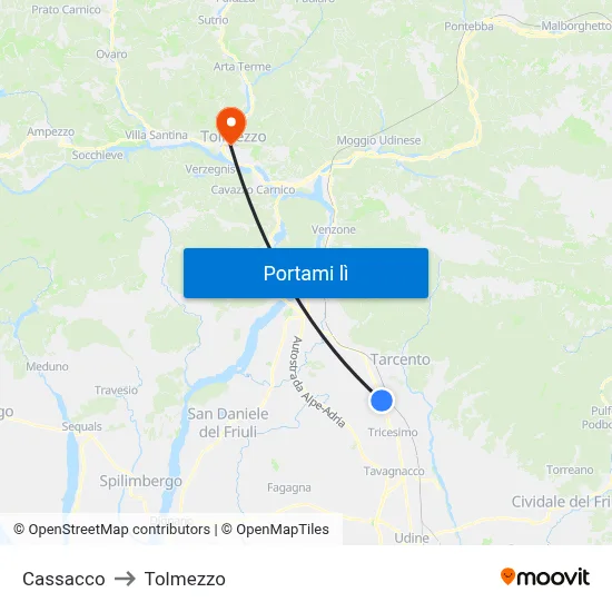Cassacco to Tolmezzo map