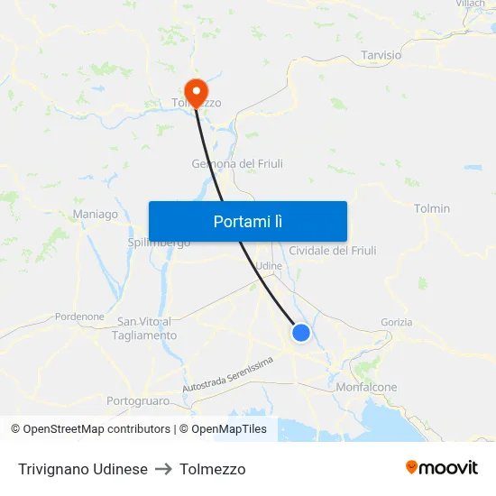 Trivignano Udinese to Tolmezzo map