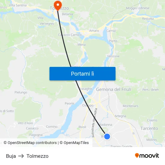Buja to Tolmezzo map