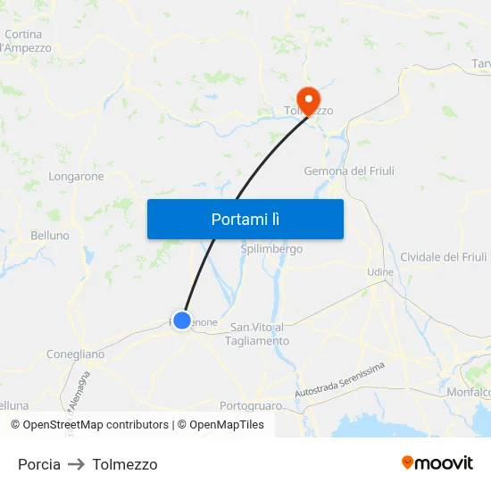 Porcia to Tolmezzo map