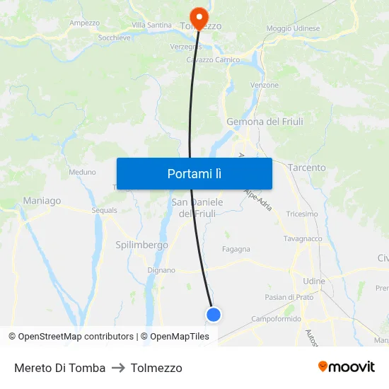 Mereto Di Tomba to Tolmezzo map
