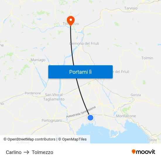 Carlino to Tolmezzo map