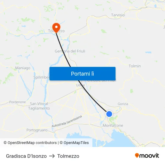 Gradisca D'Isonzo to Tolmezzo map