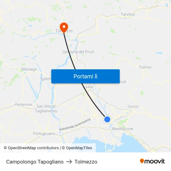 Campolongo Tapogliano to Tolmezzo map