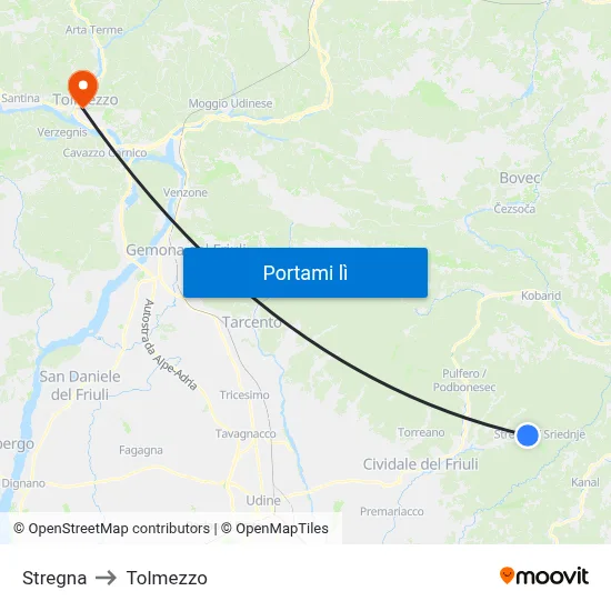 Stregna to Tolmezzo map