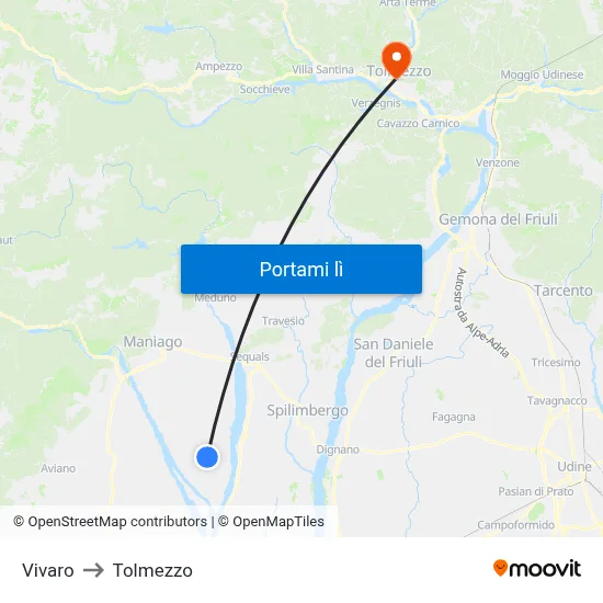 Vivaro to Tolmezzo map