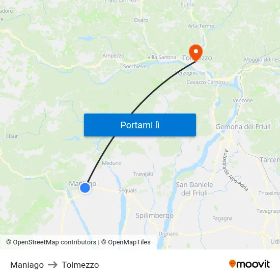 Maniago to Tolmezzo map