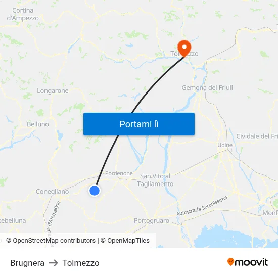 Brugnera to Tolmezzo map