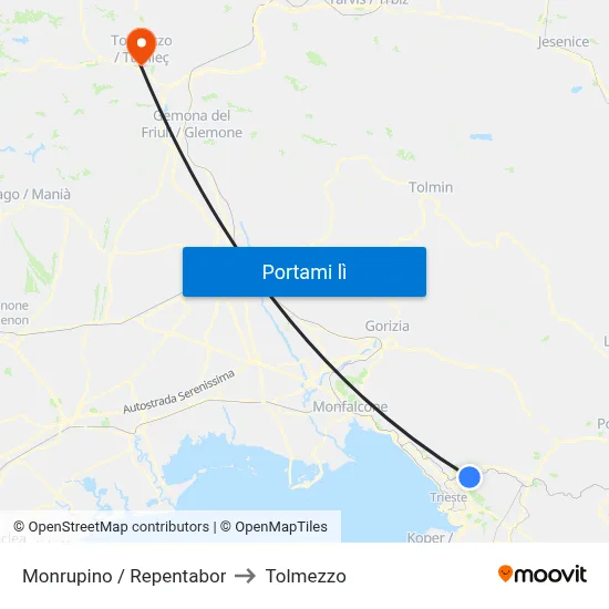 Monrupino / Repentabor to Tolmezzo map