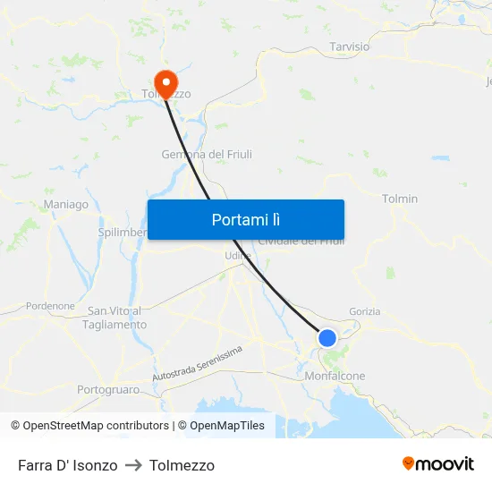 Farra D' Isonzo to Tolmezzo map