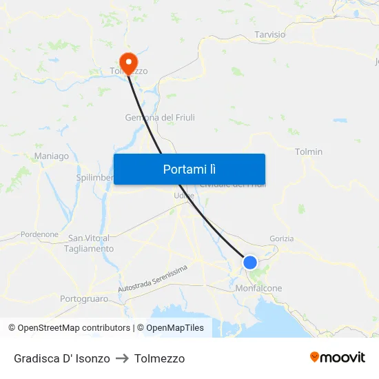 Gradisca D' Isonzo to Tolmezzo map