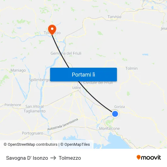 Savogna D' Isonzo to Tolmezzo map