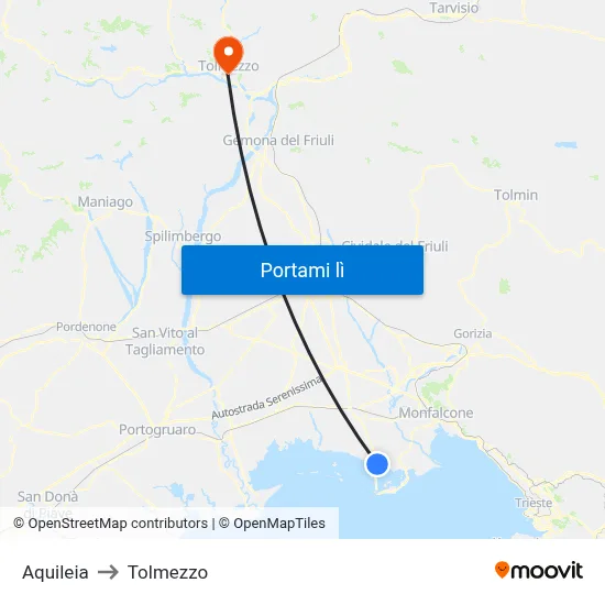 Aquileia to Tolmezzo map