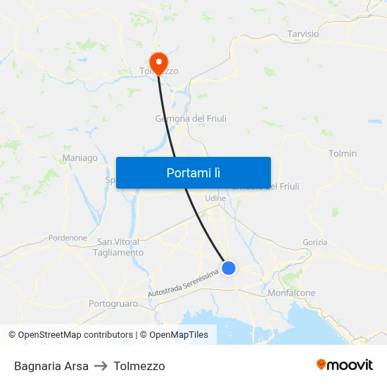 Bagnaria Arsa to Tolmezzo map