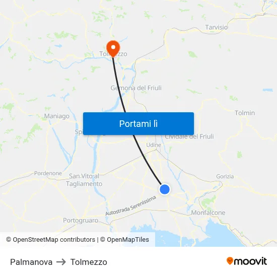 Palmanova to Tolmezzo map