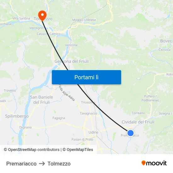Premariacco to Tolmezzo map