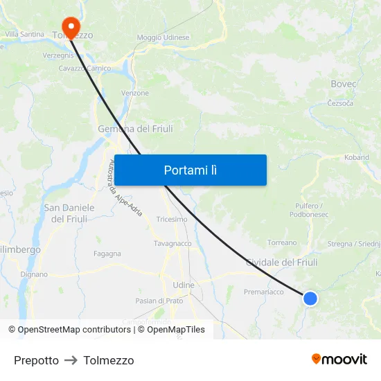 Prepotto to Tolmezzo map