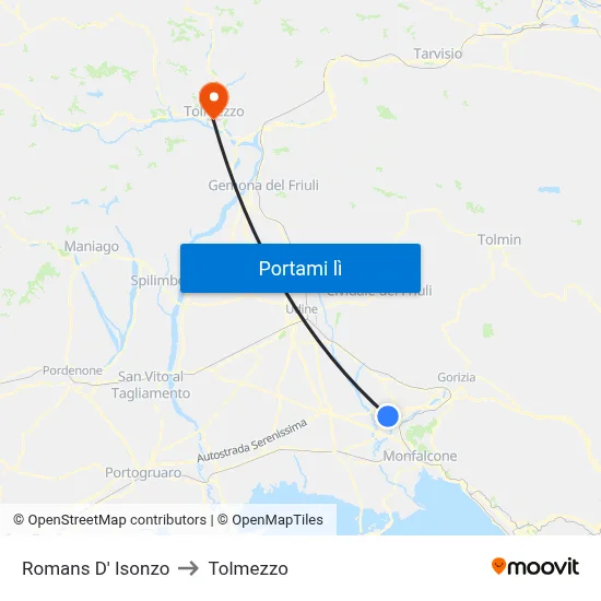 Romans D' Isonzo to Tolmezzo map
