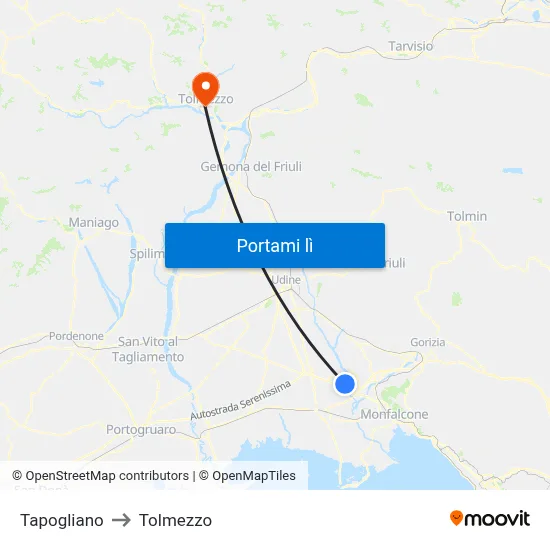 Tapogliano to Tolmezzo map