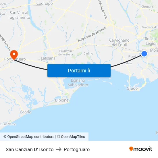 San Canzian D' Isonzo to Portogruaro map
