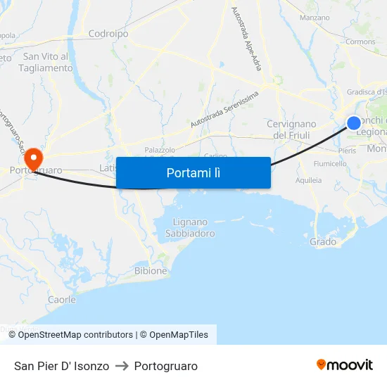 San Pier D' Isonzo to Portogruaro map