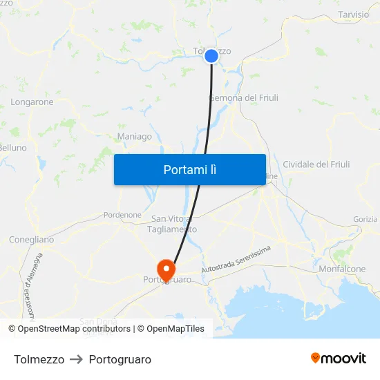 Tolmezzo to Portogruaro map