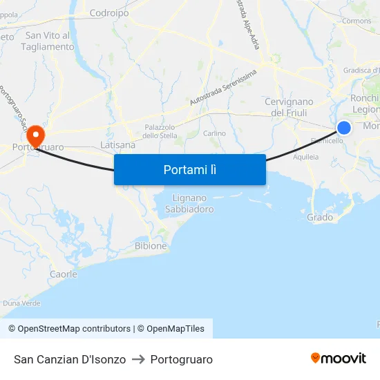 San Canzian D'Isonzo to Portogruaro map