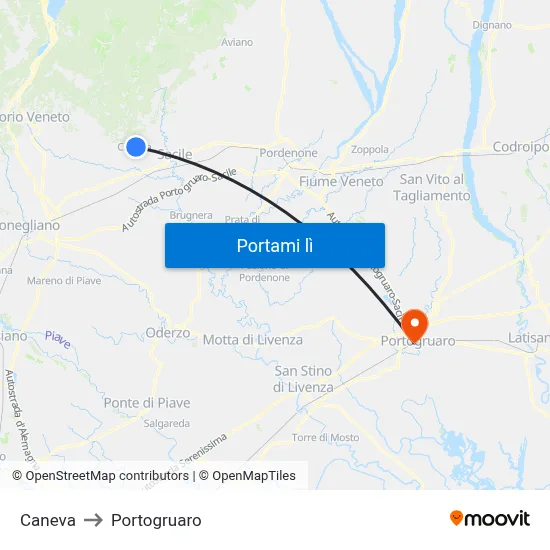 Caneva to Portogruaro map