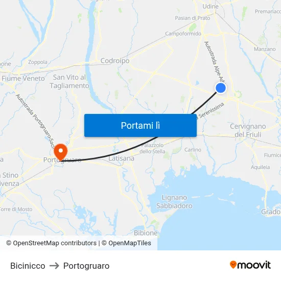 Bicinicco to Portogruaro map