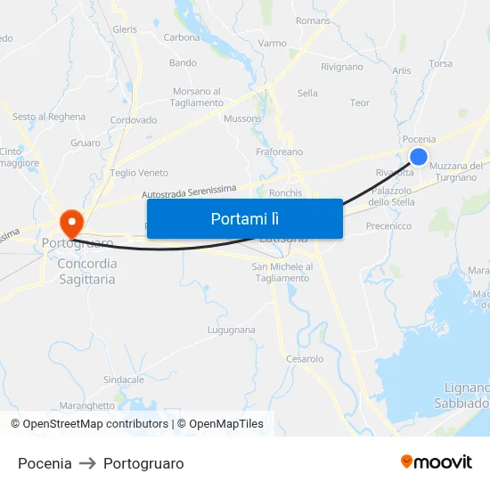 Pocenia to Portogruaro map