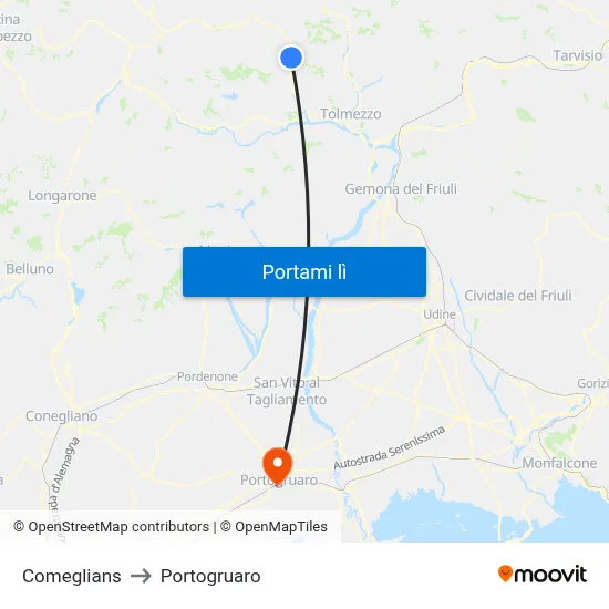 Comeglians to Portogruaro map