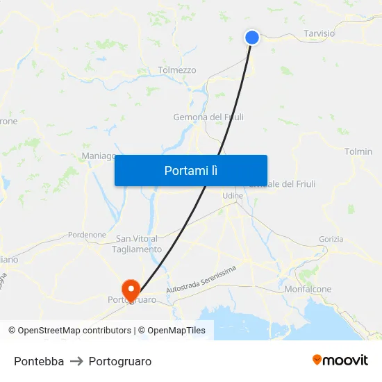 Pontebba to Portogruaro map