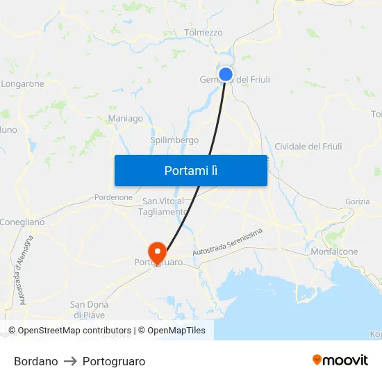 Bordano to Portogruaro map