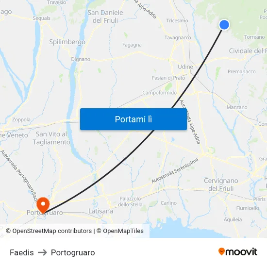 Faedis to Portogruaro map