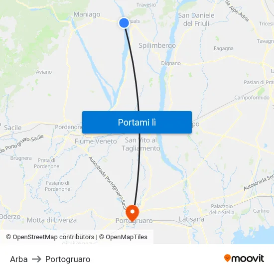 Arba to Portogruaro map