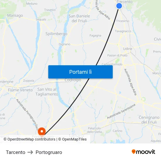 Tarcento to Portogruaro map