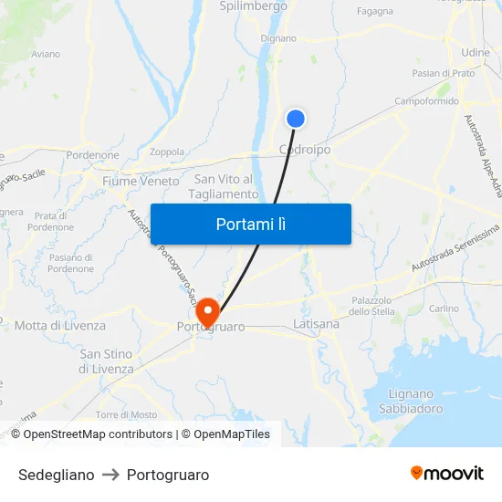 Sedegliano to Portogruaro map