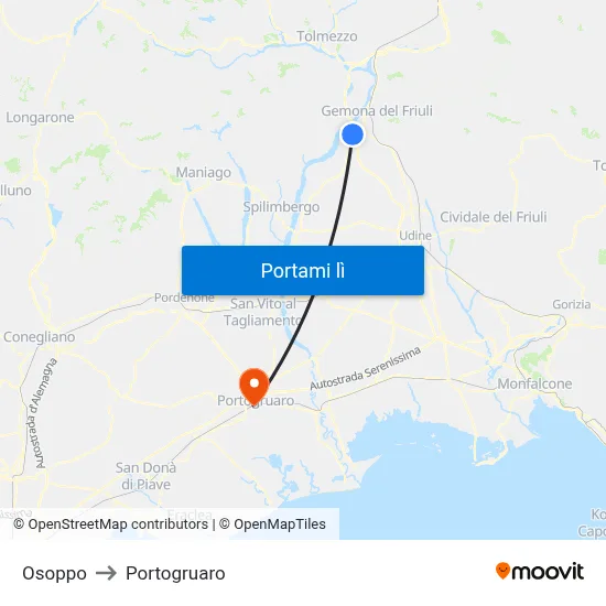 Osoppo to Portogruaro map