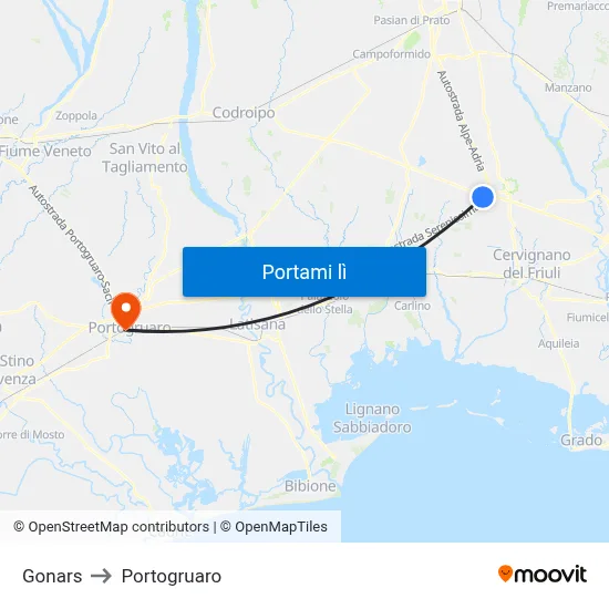 Gonars to Portogruaro map