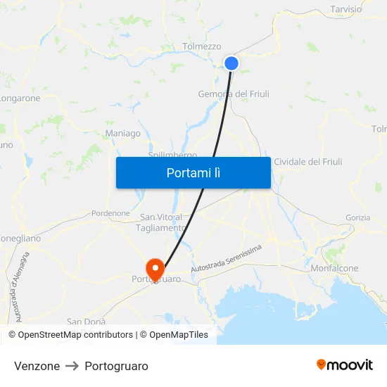 Venzone to Portogruaro map