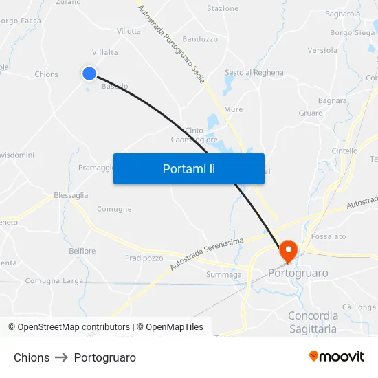 Chions to Portogruaro map