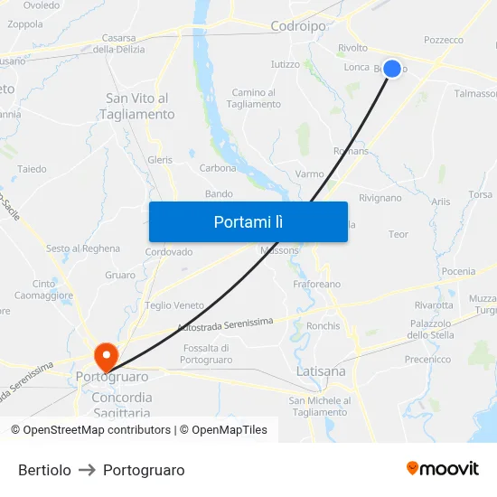 Bertiolo to Portogruaro map