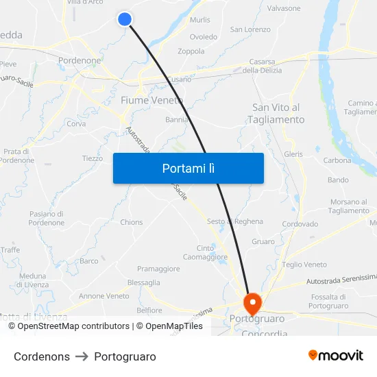 Cordenons to Portogruaro map
