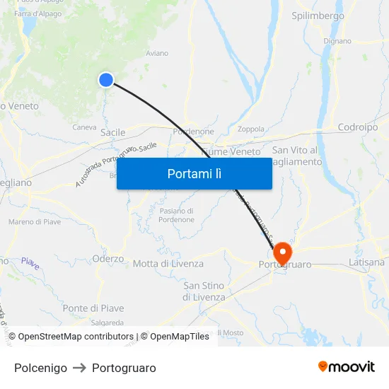 Polcenigo to Portogruaro map