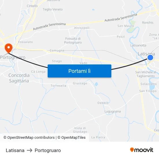 Latisana to Portogruaro map